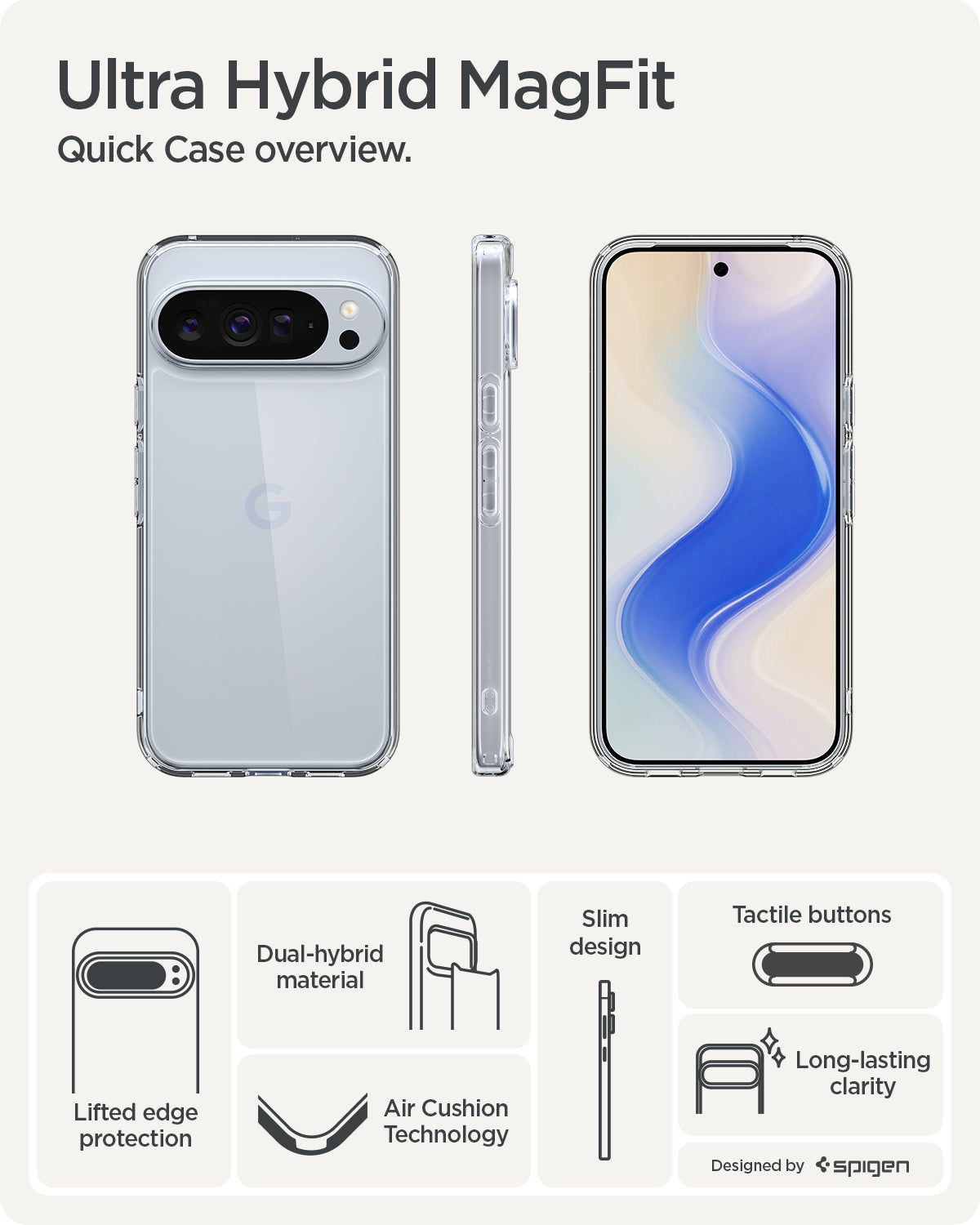 ACS09738 - Pixel 10 Pro XL Case Ultra Hybrid in crystal clear showing the quick case overview. Lifted edge protection, tactile buttons, slim design, air cushion technology