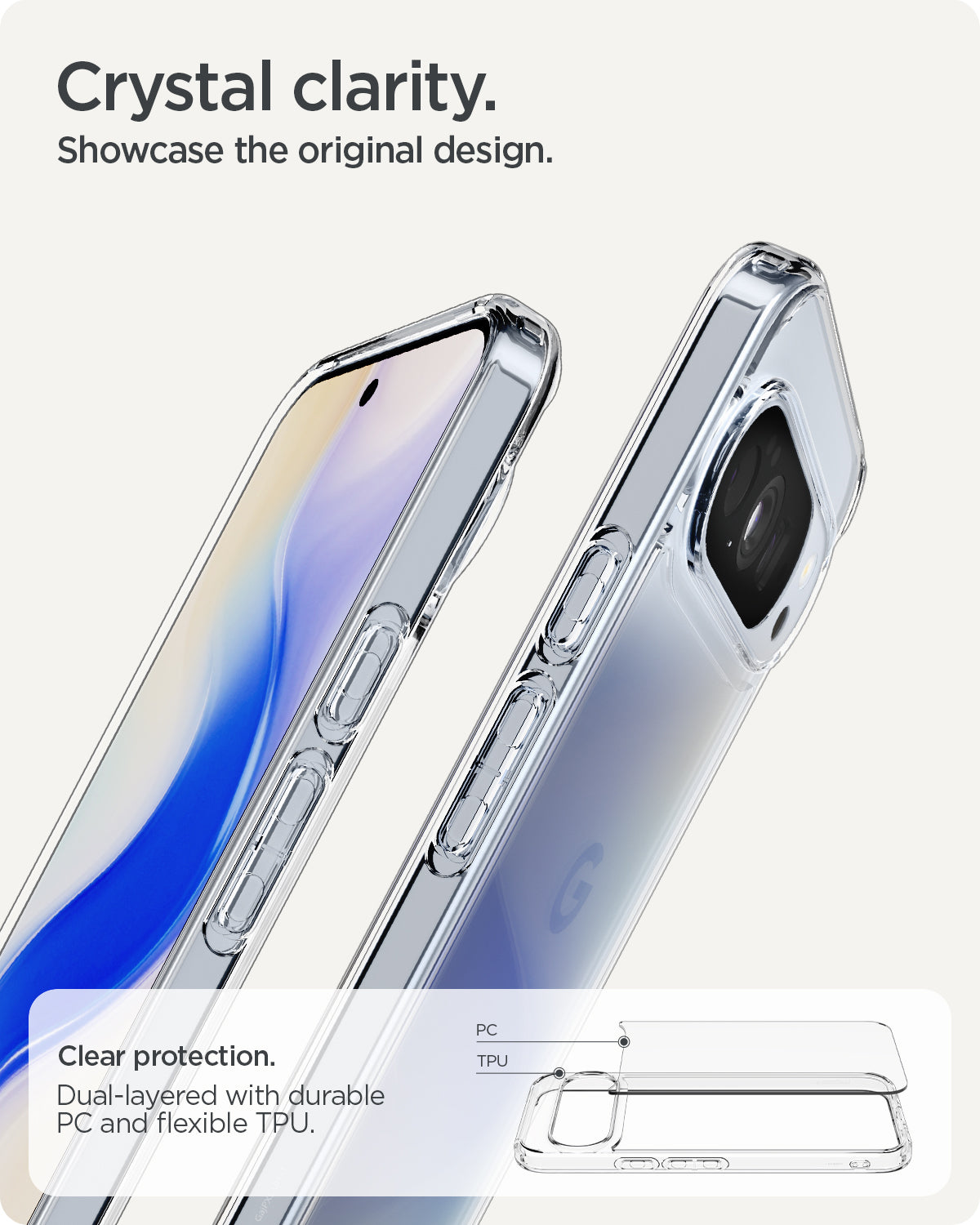 ACS09738 - Pixel 10 Pro XL Case Ultra Hybrid in crystal clear showing the crystal clarity. Showcase the original design.