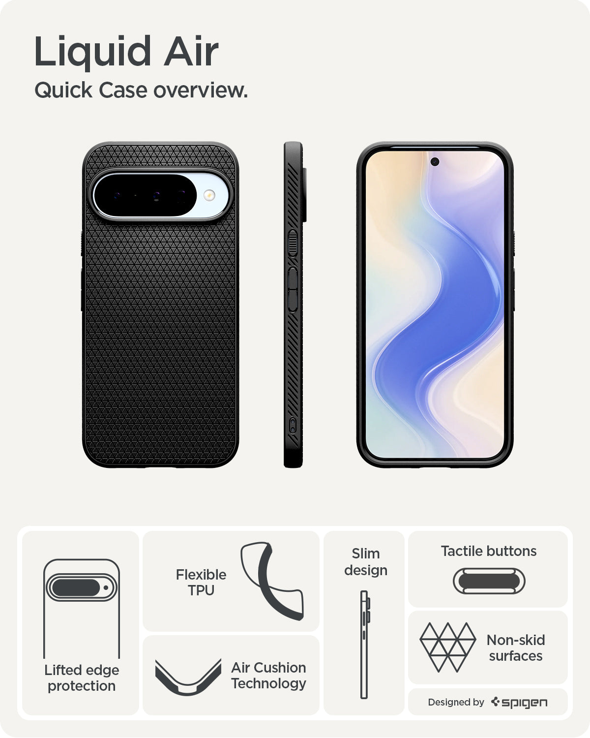 ACS09714 - Pixel 10 / Pixel 10 Pro Case Liquid Air in matte black showing the quick case overview. Lifted edge protection, flexible TPU, AirCushion Technology, slim design and tactile buttons.