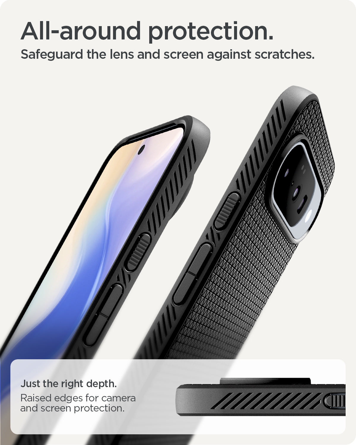 ACS09714 - Pixel 10 / Pixel 10 Pro Case Liquid Air in matte black showing the all around protection. Safeguard the lens and screens against scratches. Just the right depth and raised edges for camera and screen protection