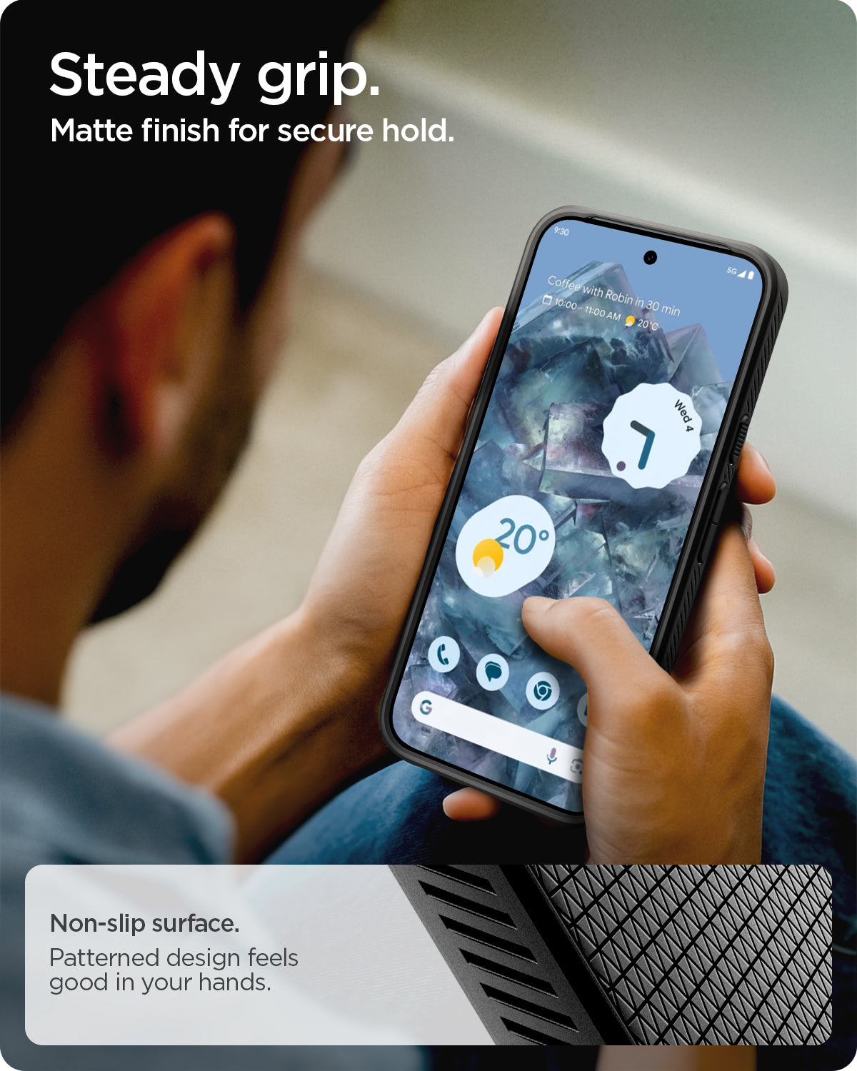 ACS09714 - Pixel 10 / Pixel 10 Pro Case Liquid Air in matte black showing the steady grip. Matte finish for secure hold. Non-slip surface. Patterned design feels good in your hands