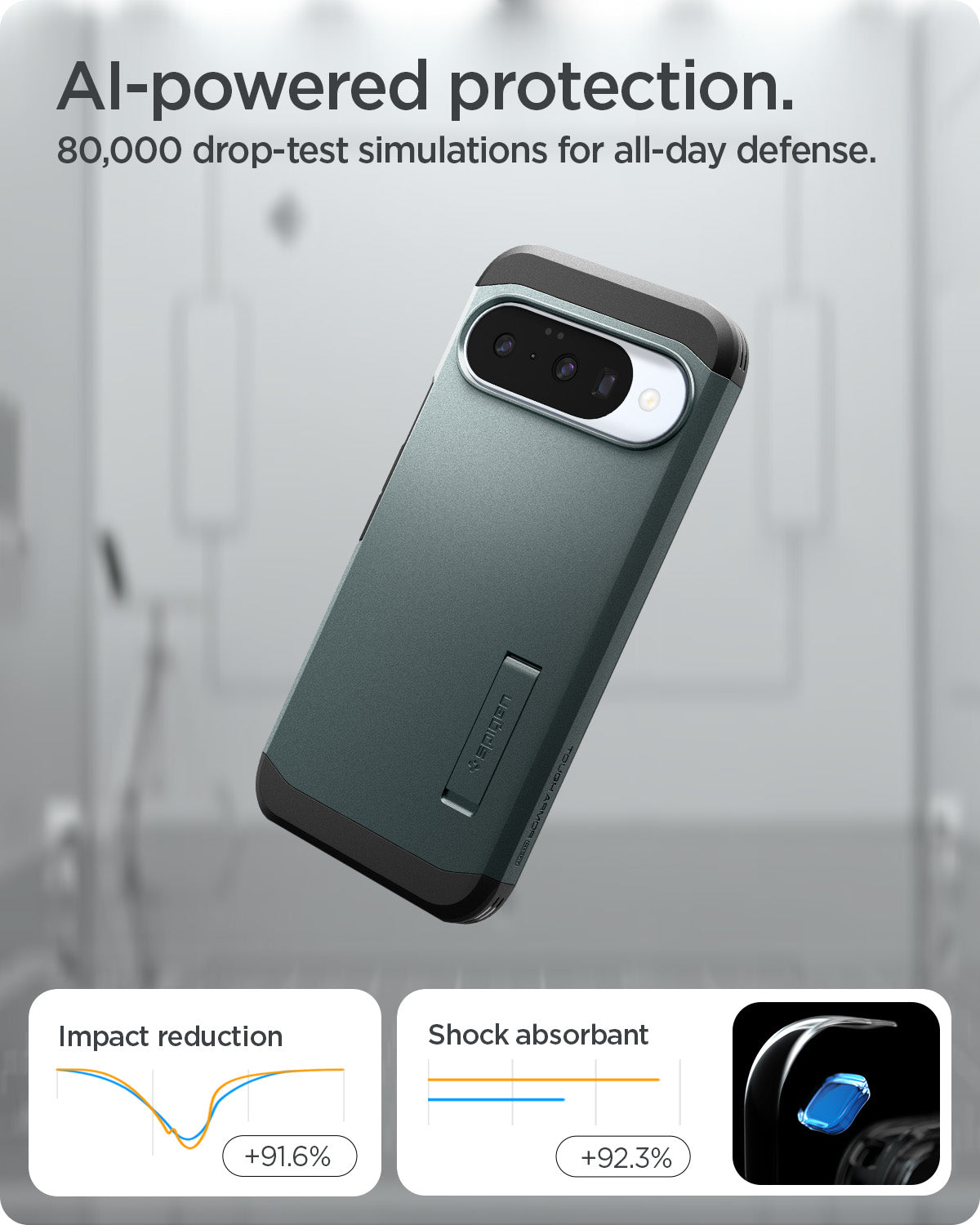 ACS09707 - Pixel 10 Pixel 10 Pro Tough Armor AI (MagFit) in Abyss Green showing ai powered protection. 80,000 drop test simulations for all day defense.