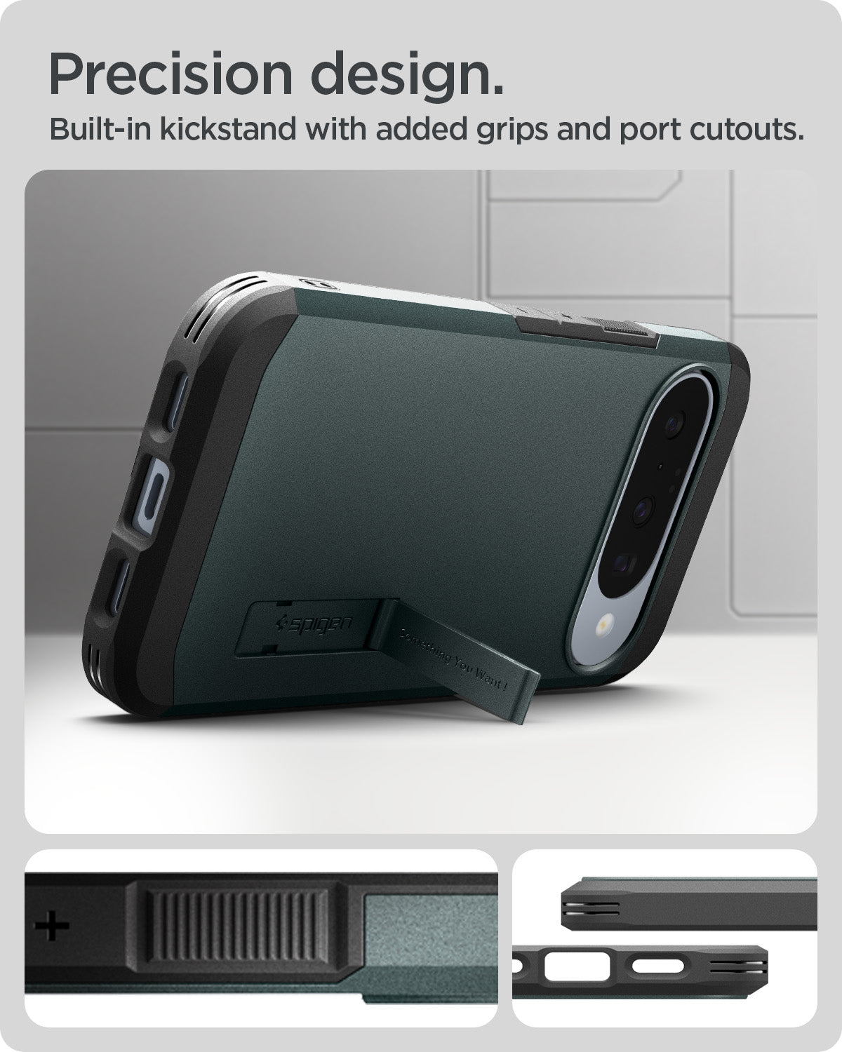 ACS09707 - Pixel 10 Pixel 10 Pro Tough Armor AI (MagFit) in Abyss Green showing precision design. built in kickstand with added grips and port cutouts