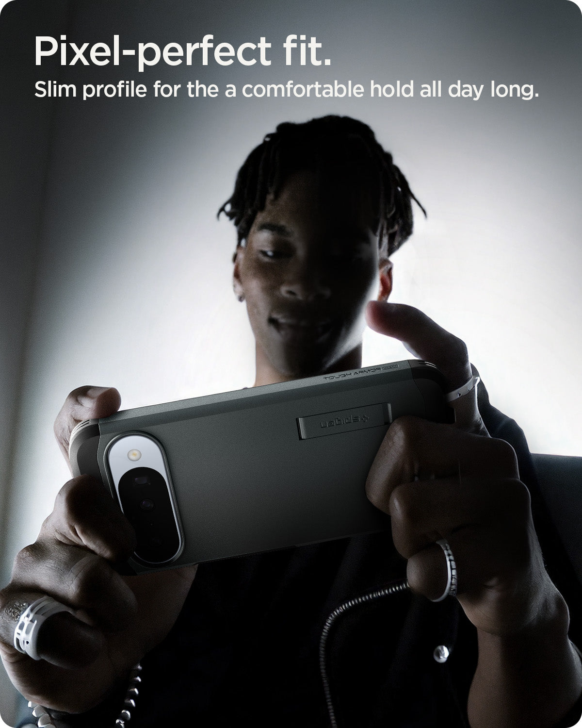 ACS09707 - Pixel 10 Pixel 10 Pro Tough Armor AI (MagFit) in Abyss Green showing pixel perfect fit. Slim profile for the a comfortable hold all day long