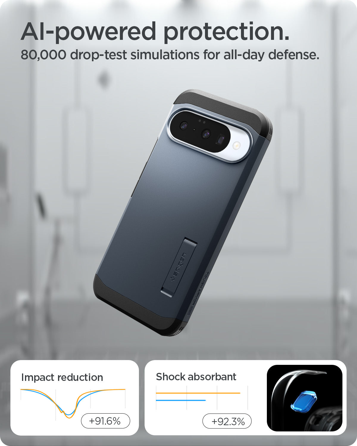 ACS09706 - Pixel 10 Pixel 10 Pro Tough Armor AI (MagFit) in Metal Slate showing ai powered protection. 80,000 drop test simulations for all day defense.