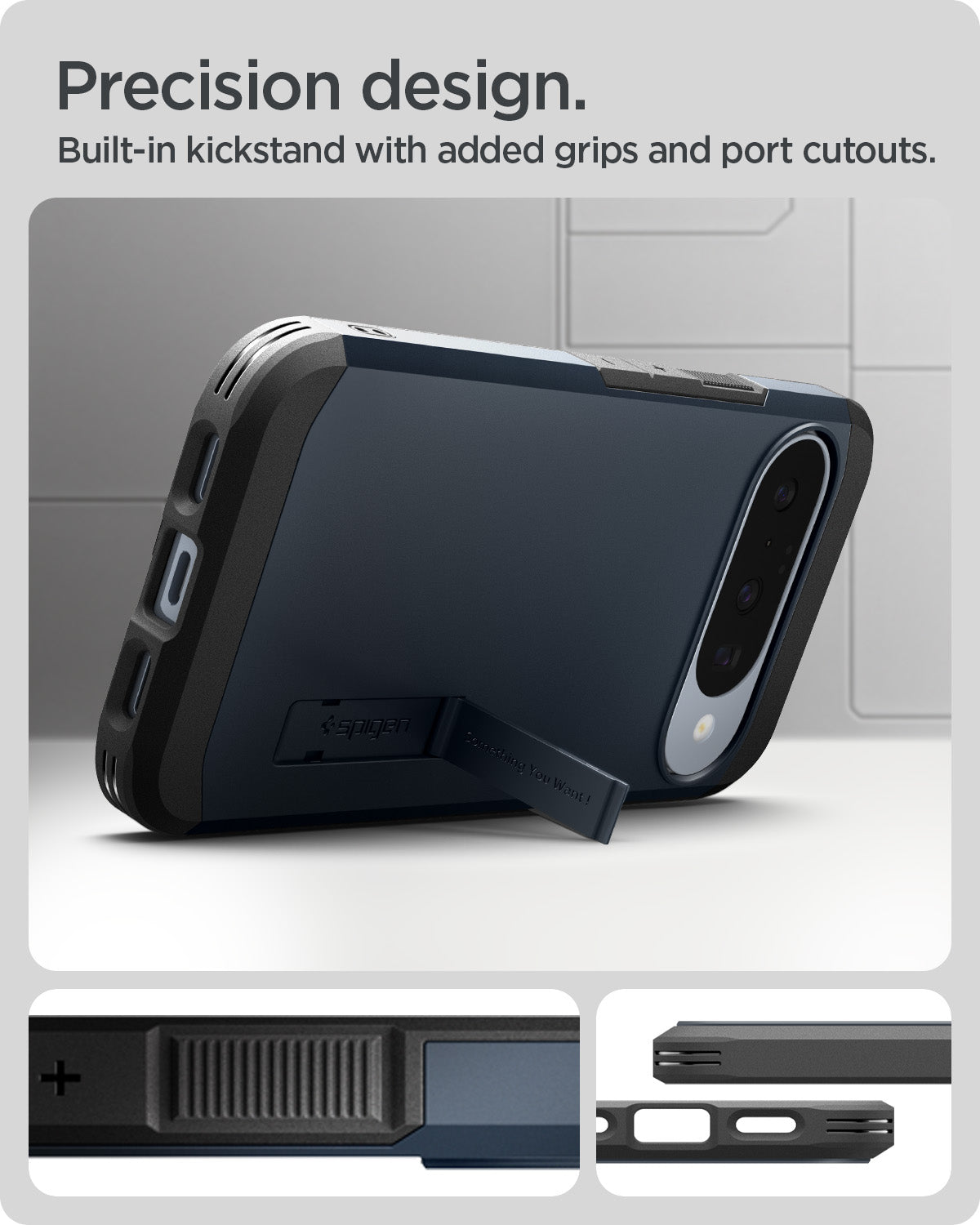 ACS09706 - Pixel 10 Pixel 10 Pro Tough Armor AI (MagFit) in Metal Slate showing precision design. built in kickstand with added grips and port cutouts