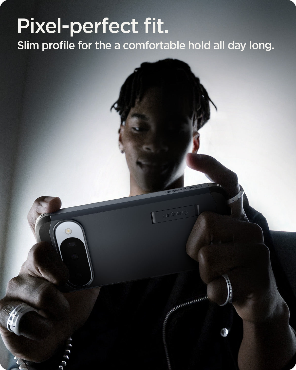 ACS09706 - Pixel 10 Pixel 10 Pro Tough Armor AI (MagFit) in Metal Slate showing pixel perfect fit. Slim profile for the a comfortable hold all day long