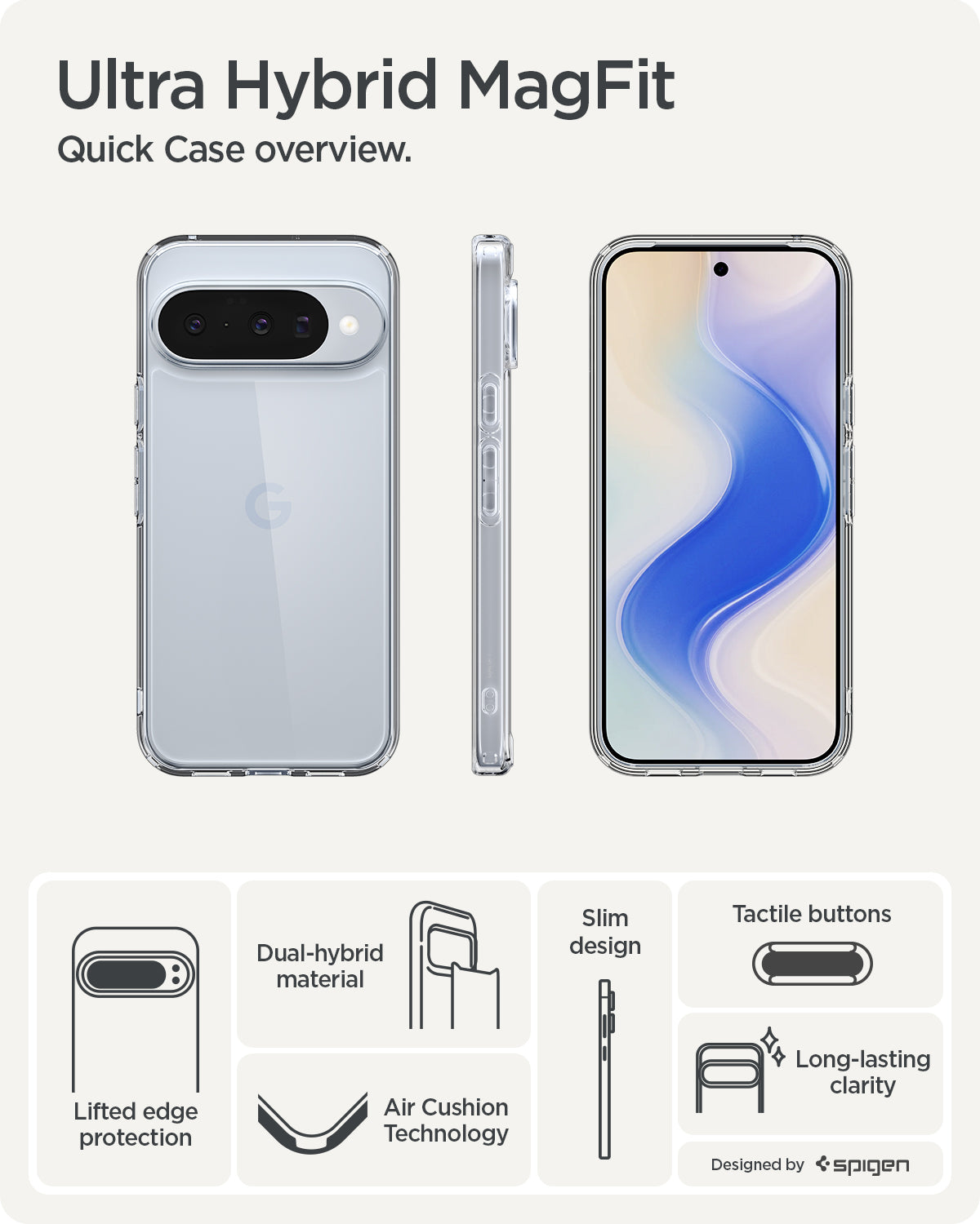 ACS09715 - Pixel 10 / Pixel 10 Pro Case Ultra Hybrid in crystal clear showing the quick case overview. Lifted edge protection, tactile buttons, slim design, air cushion technology
