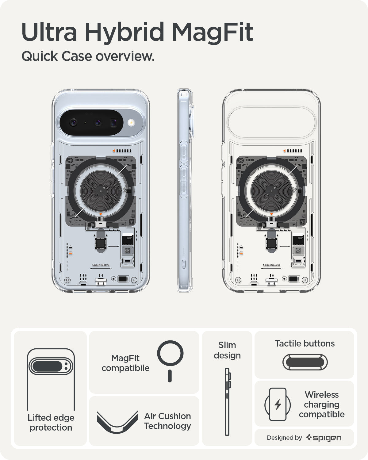 ACS09704 - Pixel 10 / Pixel 10 Pro Case Ultra Hybrid Neo One (MagFit) showing the quick case overview. Lifted edge protection, MagFit compatible, air cushion technology, slim design, tactile buttons and wireless charging compatible