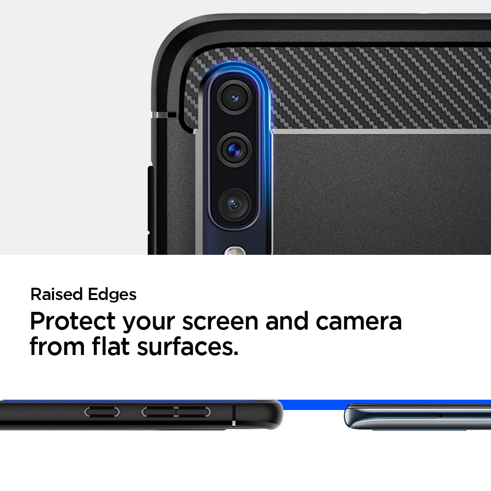 611CS26199 - Galaxy A50 Case Rugged Armor in Matte Black showing the Raised Edges. Protect your screen and camera from flat surfaces