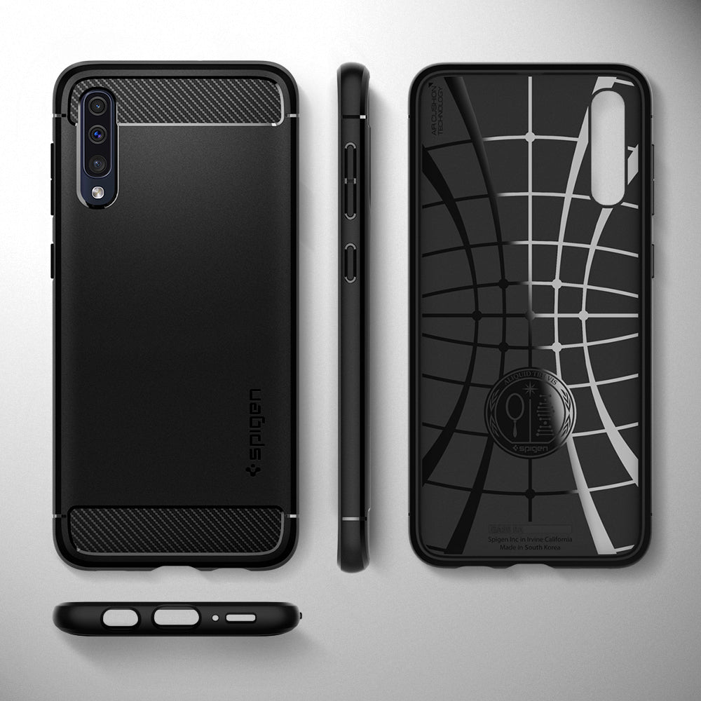 611CS26199 - Galaxy A50 Case Rugged Armor in Matte Black showing the back, inner, side and bottom