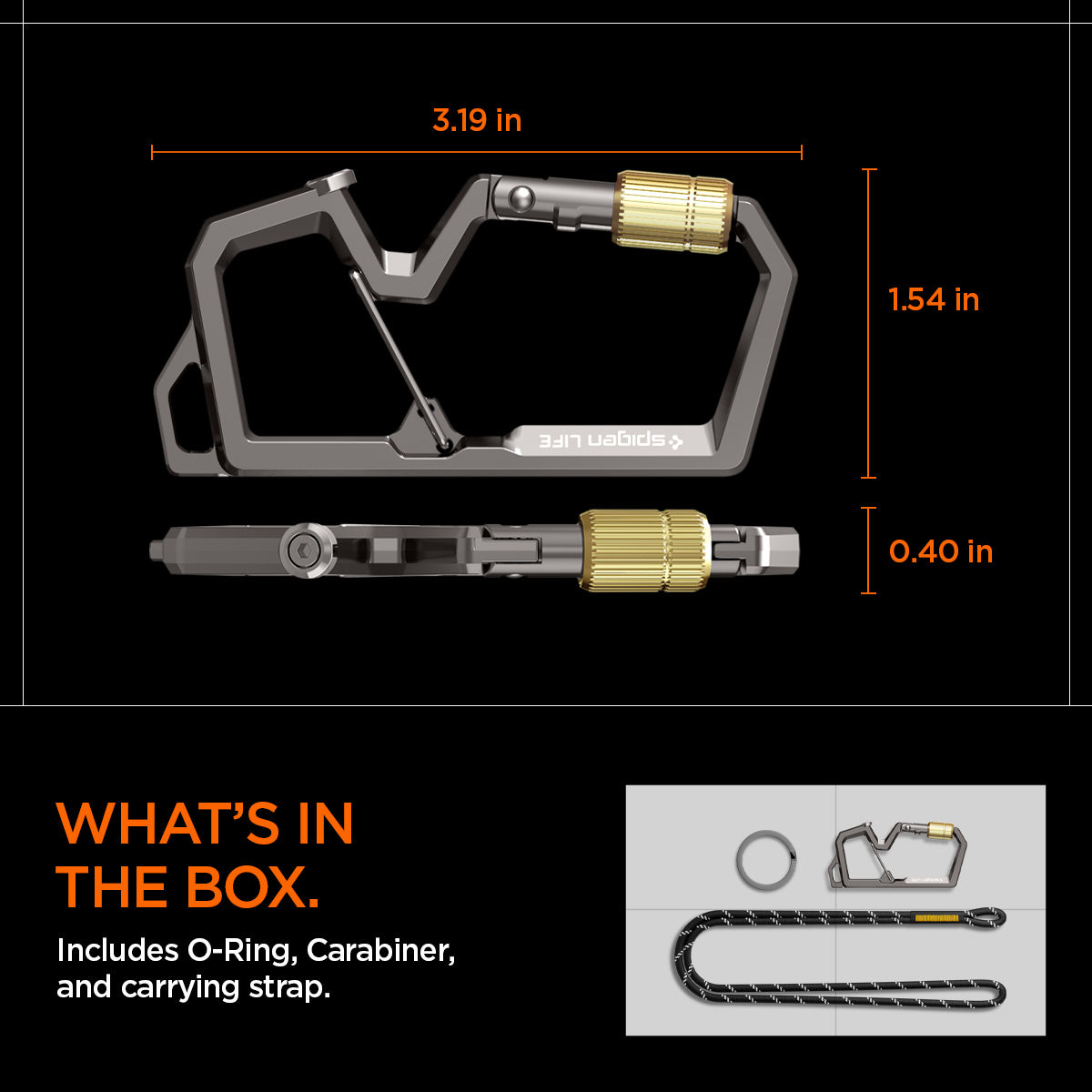 AHP08894 - Carabiner | LF101 in black showing what's in the box. Include O-ring, Carabiner, and carrying strap. 3.19in x 1.54in x 0.40in