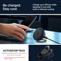 ACH07977 - OneTap Phone Kickstand S310WCK (MagFit) in Black showing charging while staying cool. Charge your iPhone while keeping it cool with built-in internal cooling. ACTIVESTOP TECH, adjustable kickstand for hands-free viewing at any angle (charger may fall depending on angle of kickstand and phone's weight)