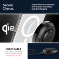 ACH07977 - OneTap Phone Kickstand S310WCK (MagFit) in Black showing the secure charge, snaps iPhone on securely with precise mounting and Qi2 charging. USB-C Cable, long cable for convenient phone use while charging