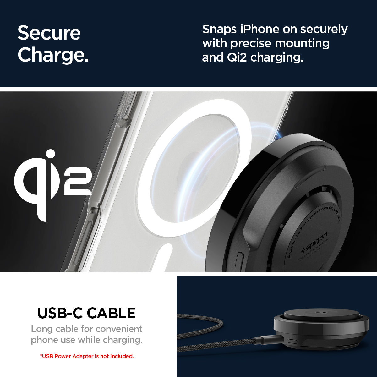 ACH07977 - OneTap Phone Kickstand S310WCK (MagFit) in Black showing the secure charge, snaps iPhone on securely with precise mounting and Qi2 charging. USB-C Cable, long cable for convenient phone use while charging