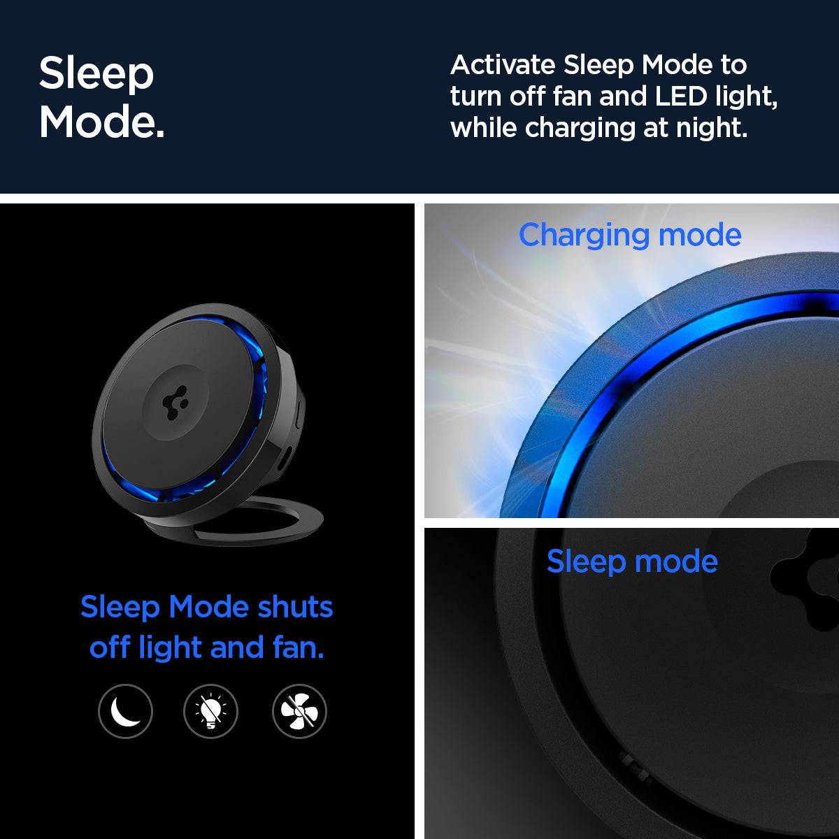 ACH07977 - OneTap Phone Kickstand S310WCK (MagFit) in Black showing the sleep mode. Activate sleep mode to turn off fan and LED light, while charging at night