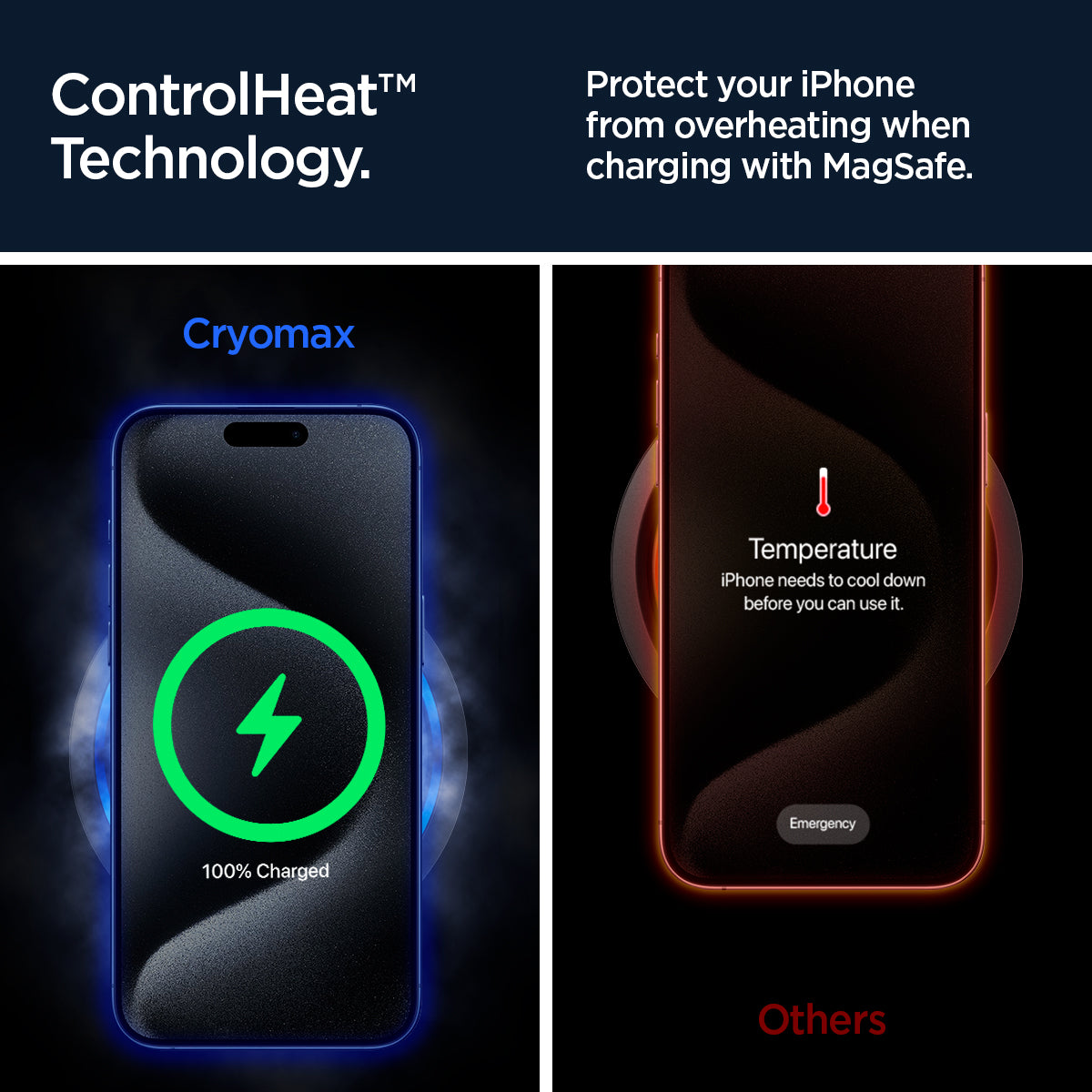 ACH07977 - OneTap Phone Kickstand S310WCK (MagFit) in Black showing the controlHeat Technology, protect your iPhone from overheating when charging with MagSafe