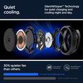 ACH07977 - OneTap Phone Kickstand S310WCK (MagFit) in Black showing the quiet cooling, silentwhisper technology for quiet charging and cooling night and day, 30%quieter fan than others