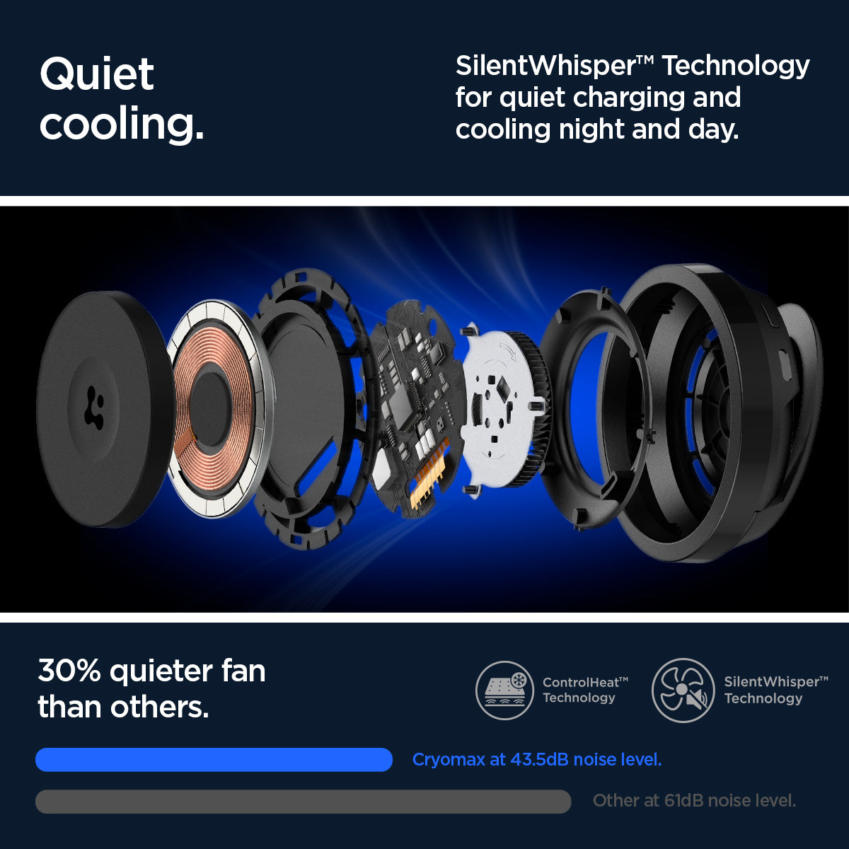 ACH07977 - OneTap Phone Kickstand S310WCK (MagFit) in Black showing the quiet cooling, silentwhisper technology for quiet charging and cooling night and day, 30%quieter fan than others