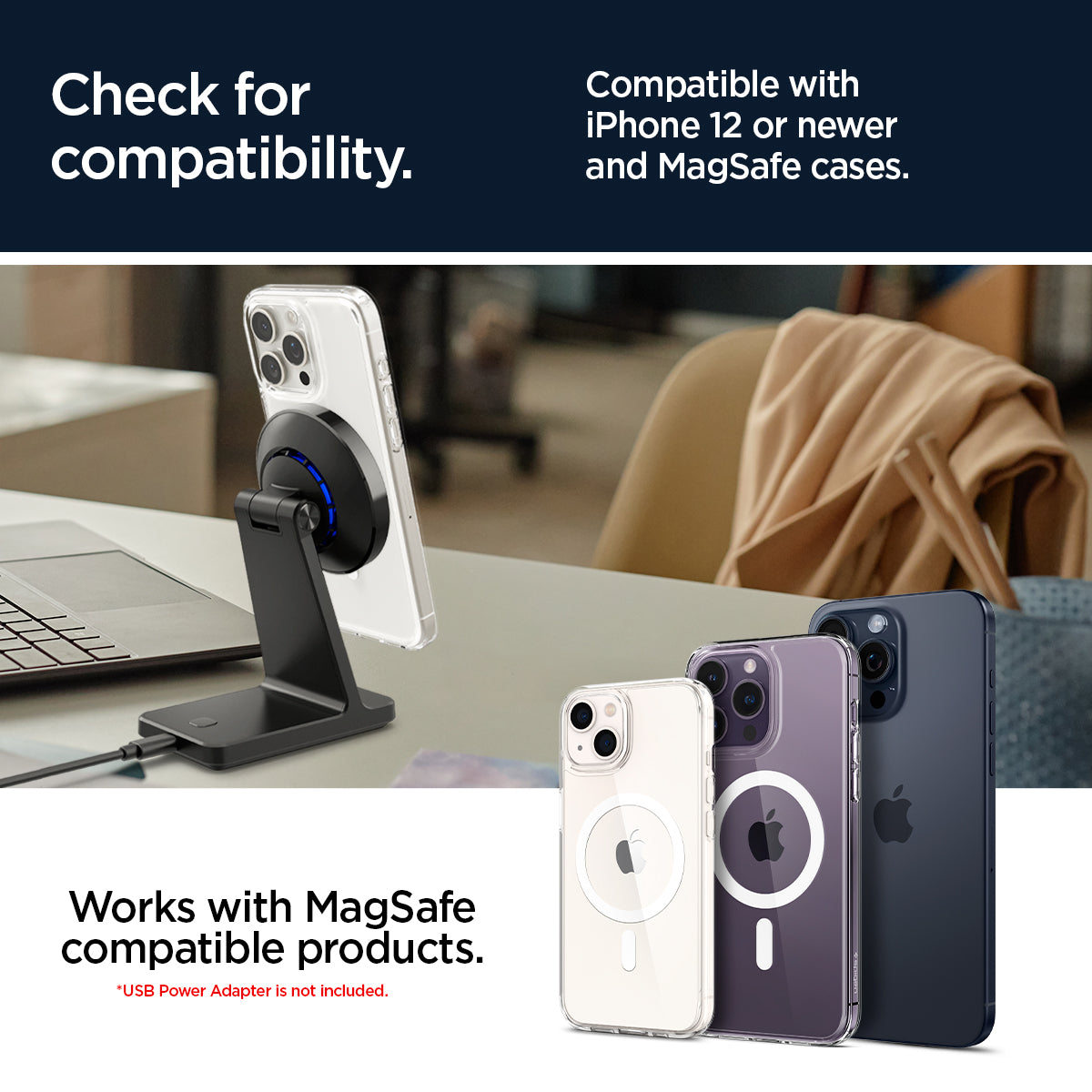 ACH07976 - OneTap Phone Stand S310WC (MagFit) in Black showing the compatibility, only compatible with iPhone 12 or newer and MagSafe cases, works with MagSafe compatible products