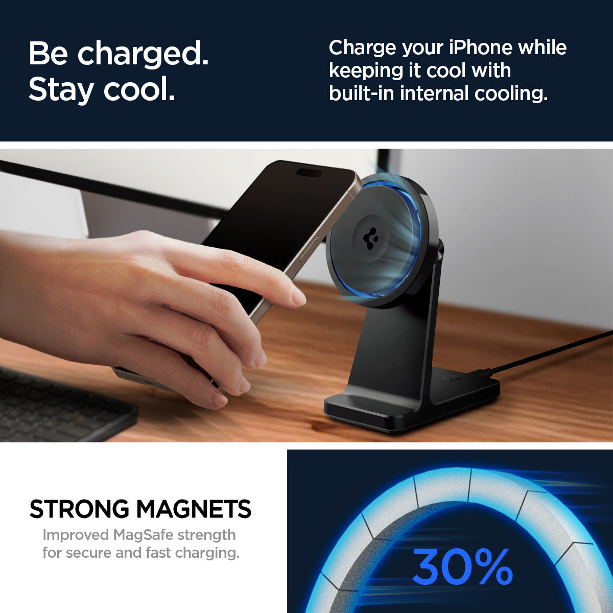 ACH07976 - OneTap Phone Stand S310WC (MagFit) in Black showing the charging while staying cool, charge your iPhone while keeping it cool with built-in internal cooling with strong magnets, improved magsafe strength for secure and fast charging