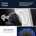 ACH07976 - OneTap Phone Stand S310WC (MagFit) in Black showing the security while charging. Snaps iPhone on securely with precise mounting and Qi2 charging, LED lighting, auto-activate blue led lights when mounting your phone