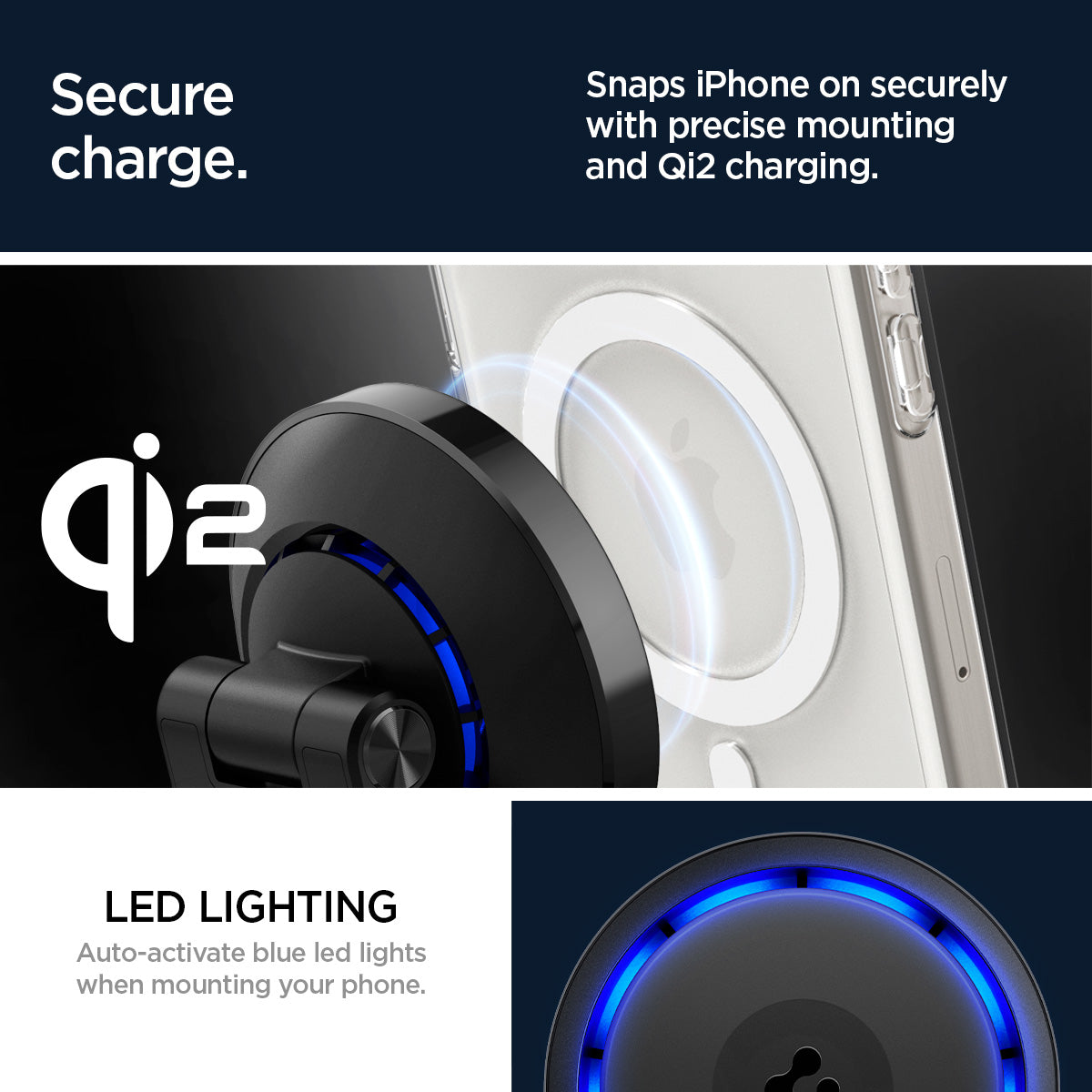 ACH07976 - OneTap Phone Stand S310WC (MagFit) in Black showing the security while charging. Snaps iPhone on securely with precise mounting and Qi2 charging, LED lighting, auto-activate blue led lights when mounting your phone