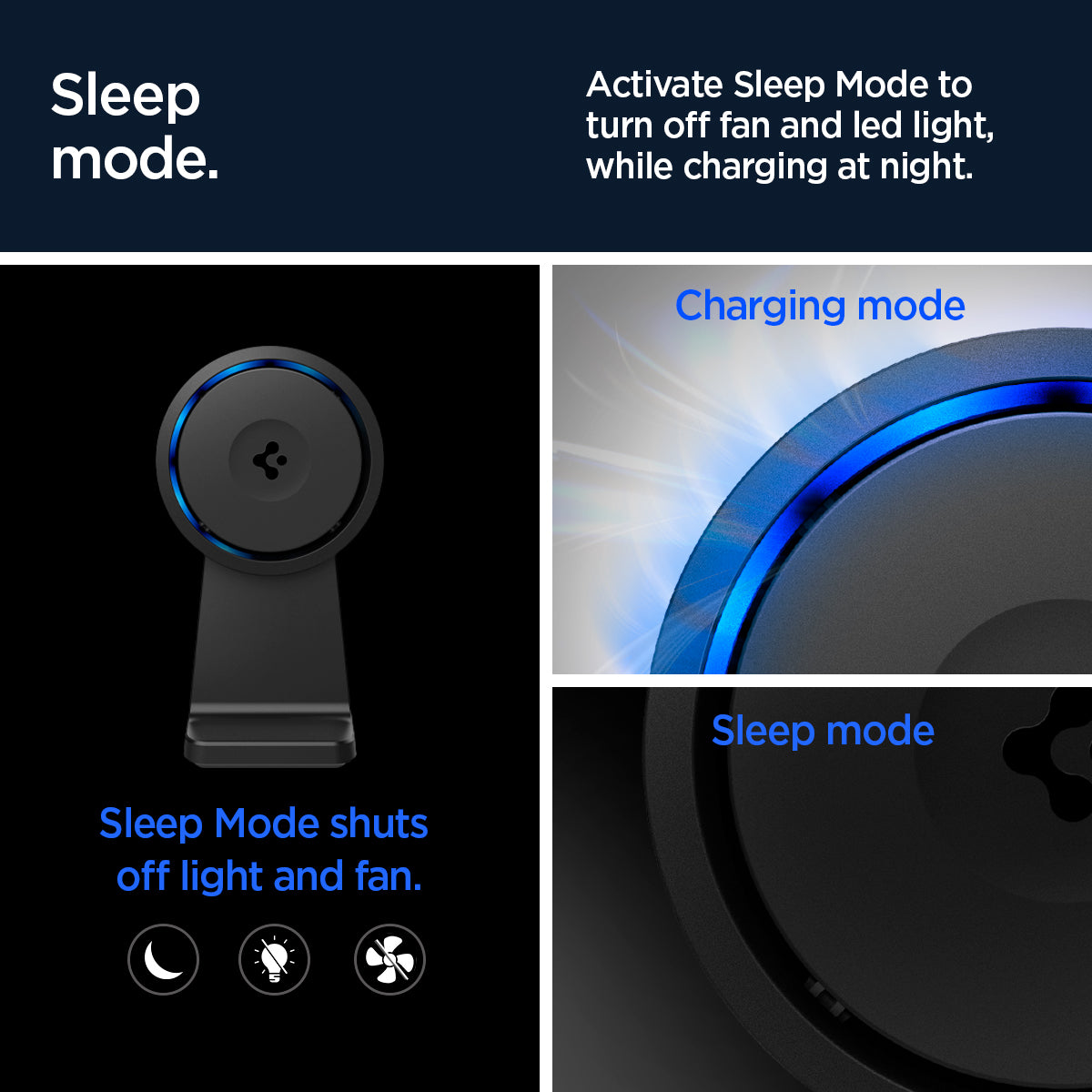 ACH07976 - OneTap Phone Stand S310WC (MagFit) in Black showing the sleep mode. Activate sleep mode to turn off fan and led light while charging at night