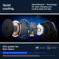 ACH07976 - OneTap Phone Stand S310WC (MagFit) in Black showing the quiet cooling. SilentWhisper Technology for quiet charging and cooling night and day, 30% quieter fan than others, cryomax at 43.5dB noise level while others at 61dB noise level