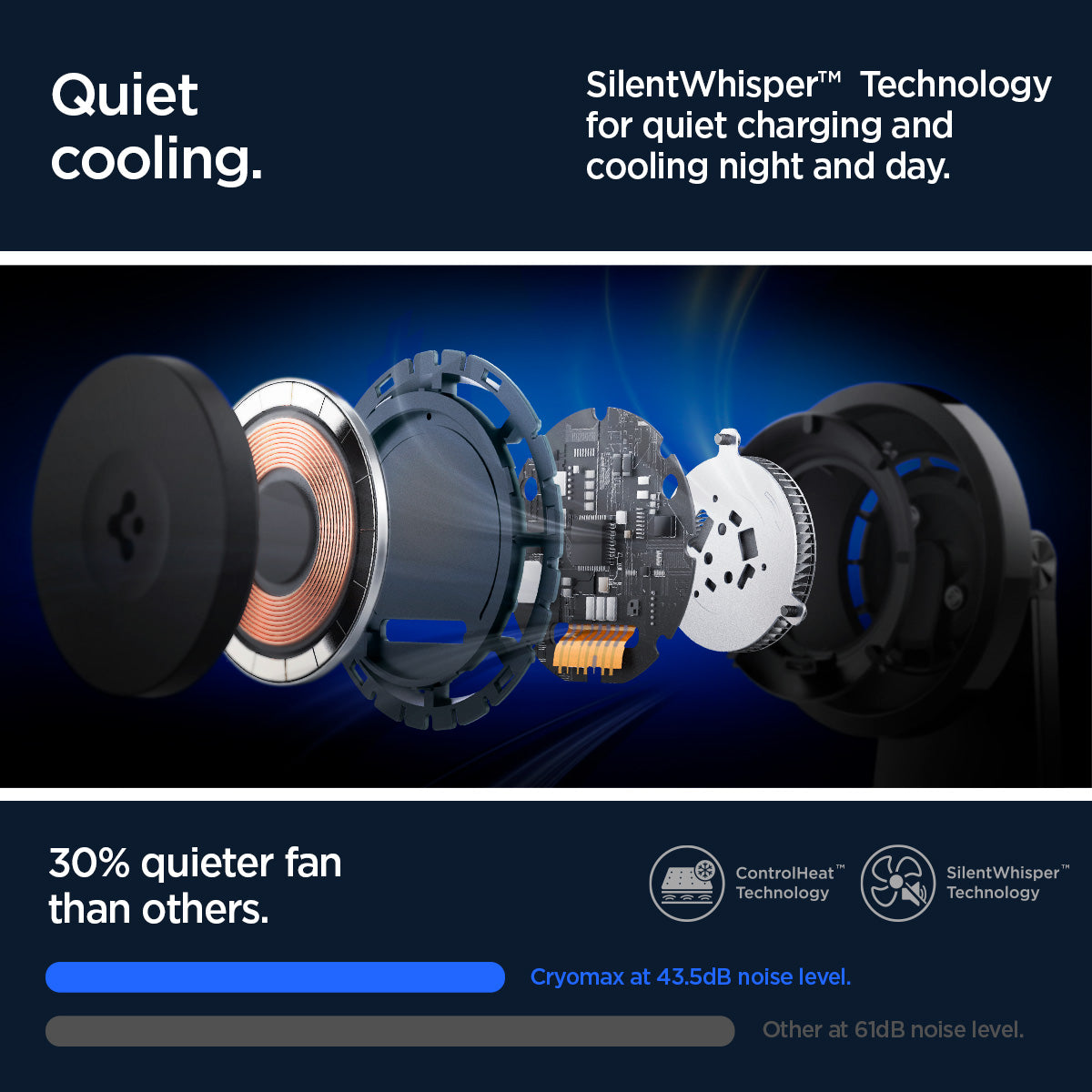 ACH07976 - OneTap Phone Stand S310WC (MagFit) in Black showing the quiet cooling. SilentWhisper Technology for quiet charging and cooling night and day, 30% quieter fan than others, cryomax at 43.5dB noise level while others at 61dB noise level