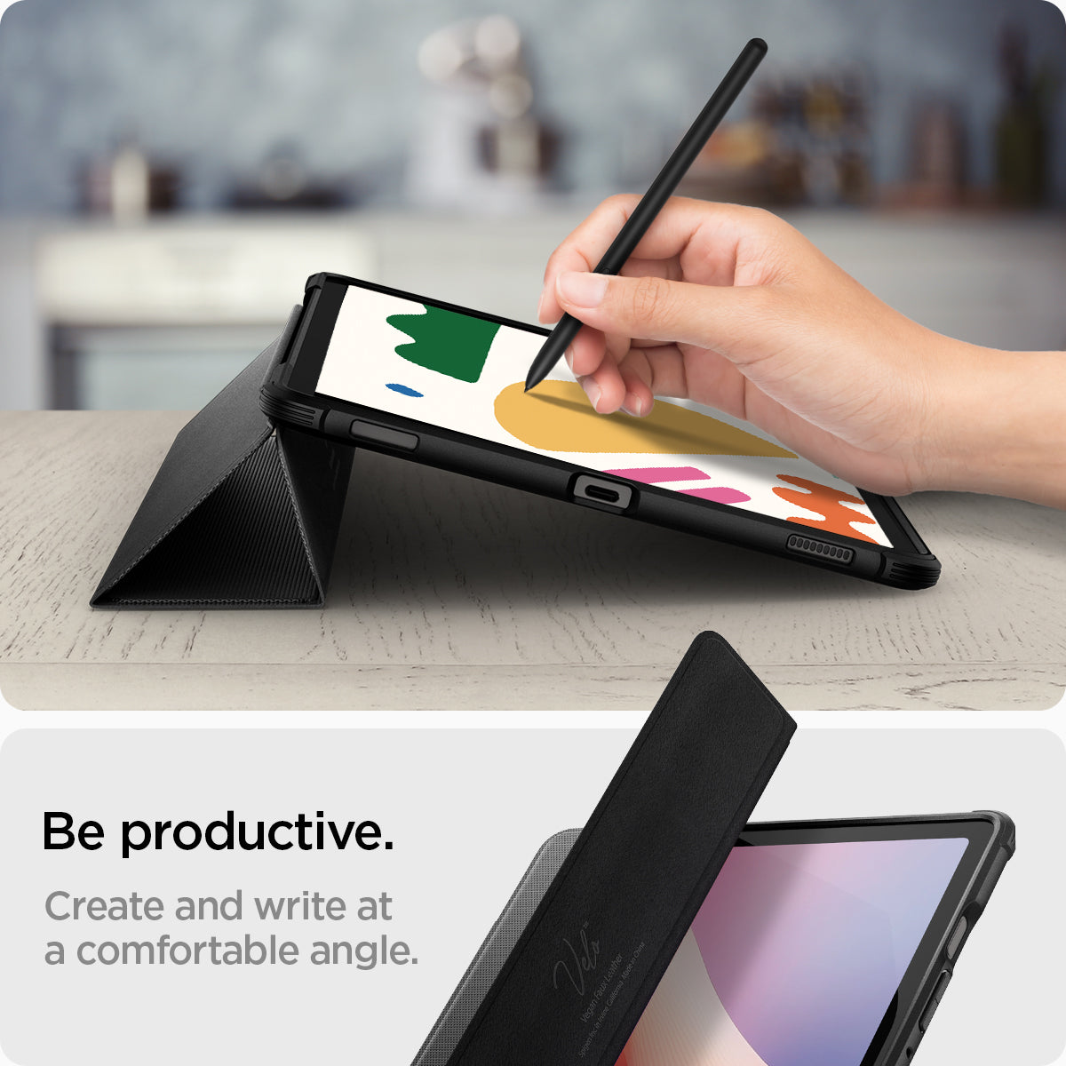 ACS09381 - Galaxy Tab S10 FE+ Case Rugged Armor Pro in Matte Black showing being productive. Create and write at a comfortable angle