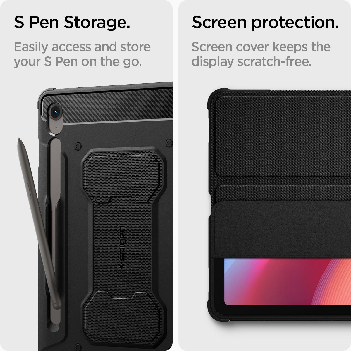 ACS09381 - Galaxy Tab S10 FE+ Case Rugged Armor Pro in Matte Black showing the S-Pen storage. Easily access and store your S Pen on the go. Screen cover keeps the display scratch-free