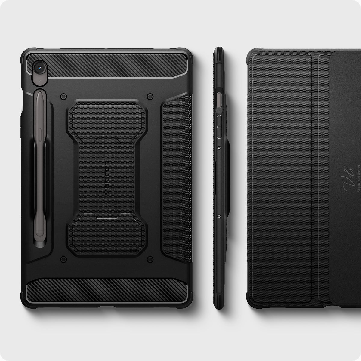 ACS09381 - Galaxy Tab S10 FE+ Case Rugged Armor Pro in Matte Black showing the back, side and partial front