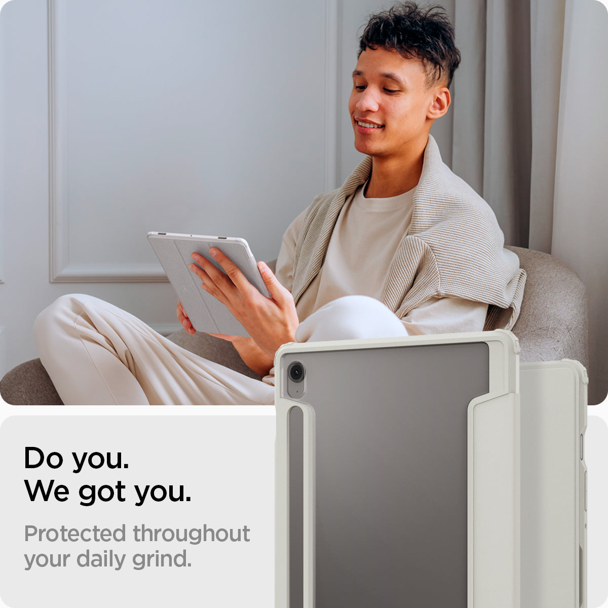 ACS09533 - Galaxy Tab S10 FE Case Ultra Hybrid Pro in Gray showing the protection throughout your daily grind