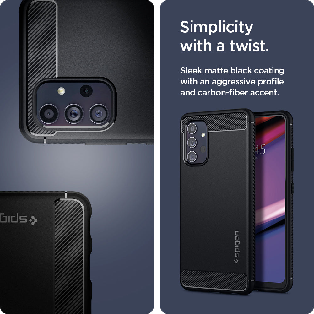 ACS02741 - Galaxy A32 Case Rugged Armor in Matte Black showing the simplicity with a twist. Sleek matte black coating with aggressive profile and carbon-fiber accent