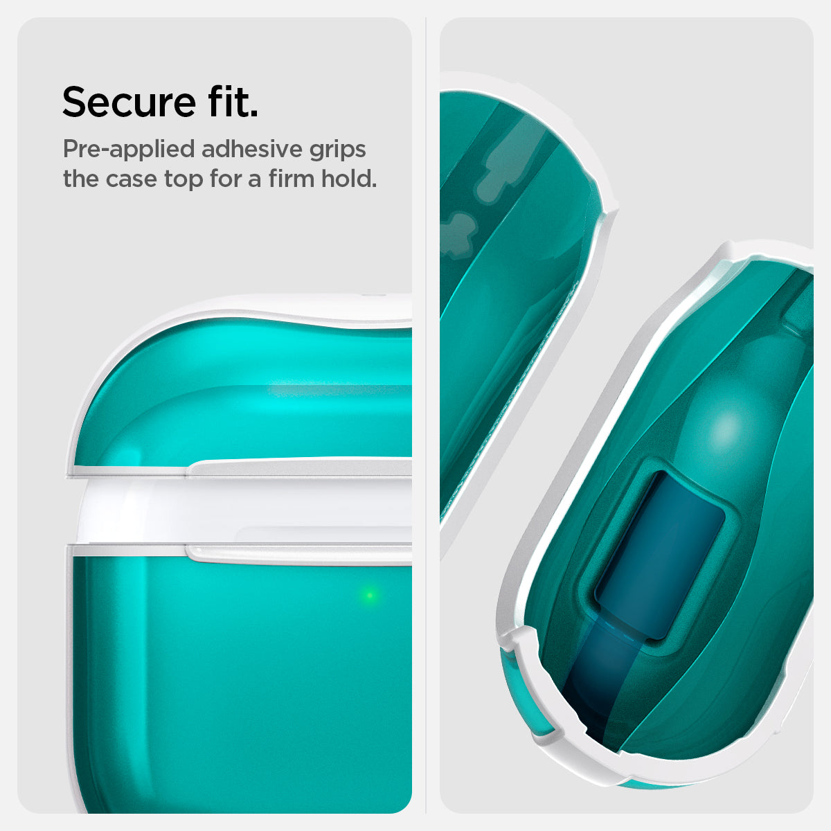 ACS08644 - AirPods 4 Pro / AirPods 4 Classic C1 in Bondi Blue showing the secure fit. Pre-applied adhesive grips the case top for a firm hold