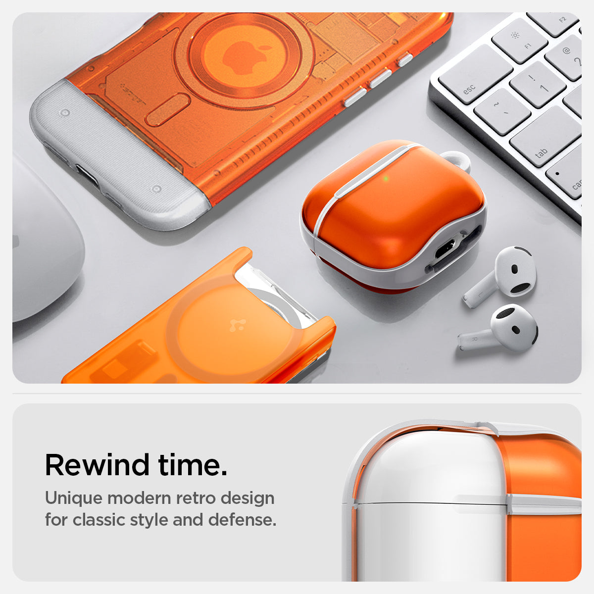 ACS08647 - AirPods 4 Pro / AirPods 4 Classic C1 in Tangerine showing the rewind time. Unique modern retro design for classic style and defense