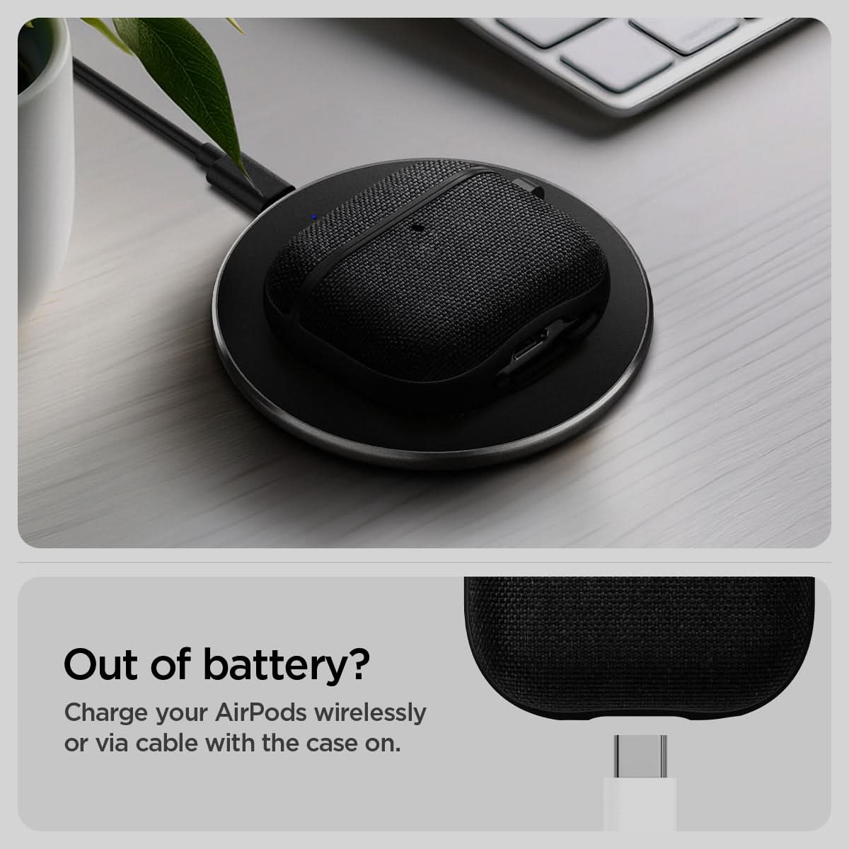 ACS08648 - AirPods 4 Pro / AirPods 4 Case Urban Fit in Black showing the charging your AirPods wirelessly or via cable with the case on