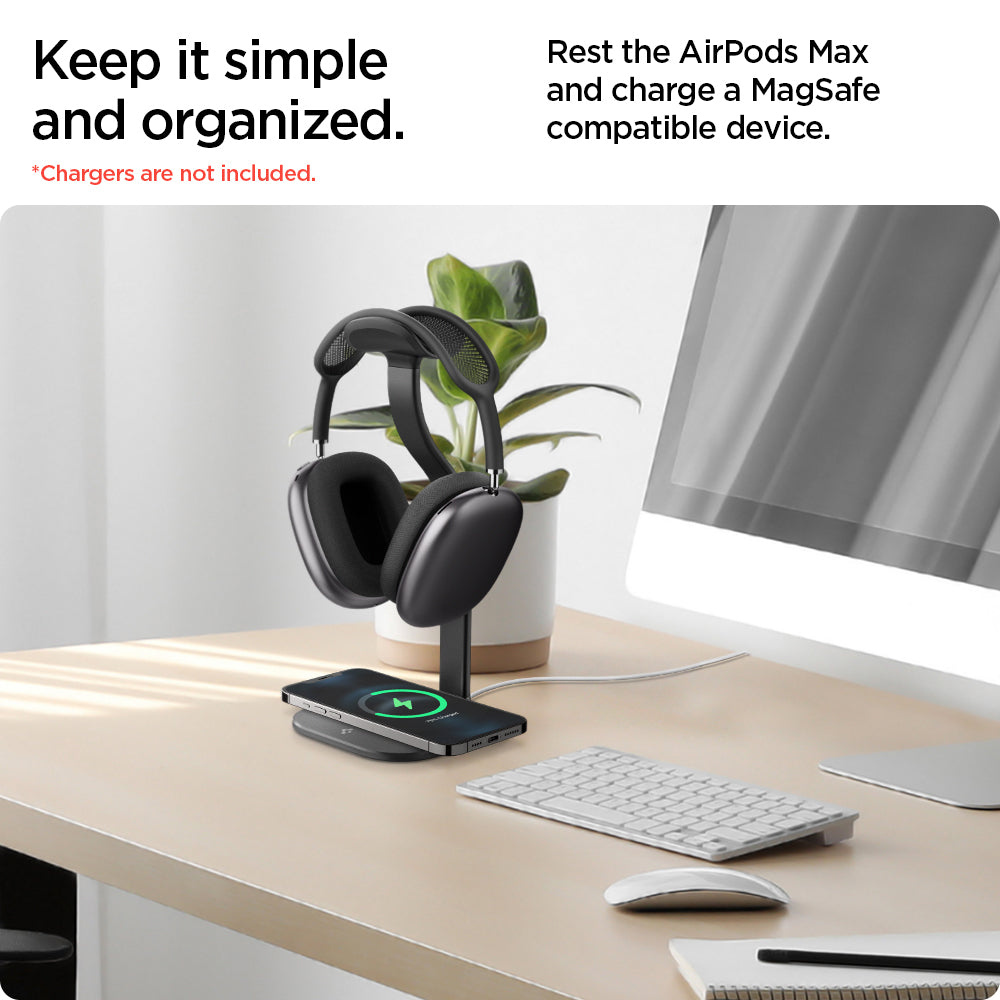 AMP02818 - Apple Airpods Max MagFit Stand in black showing how simple and organize, rest the airpods max and charge a magsafe compatible device