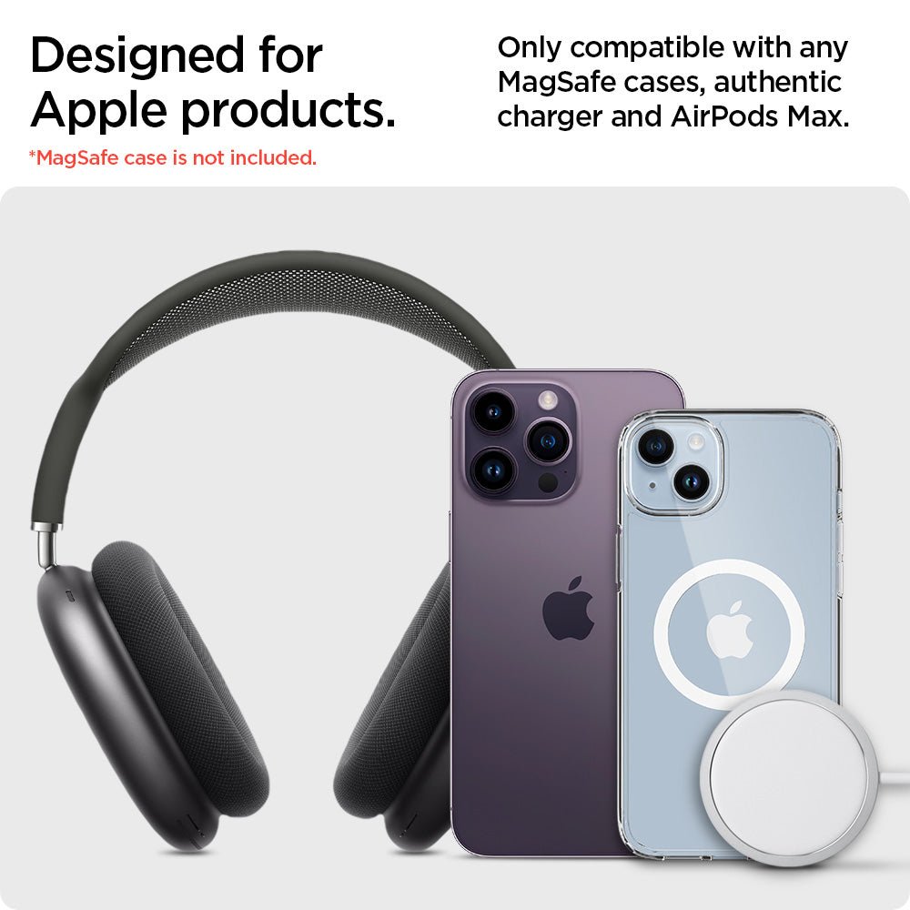 AMP02818 - Apple Airpods Max MagFit Stand in black showing designed for apple products, only compatible with any magsafe cases, authentic charger and airpods max