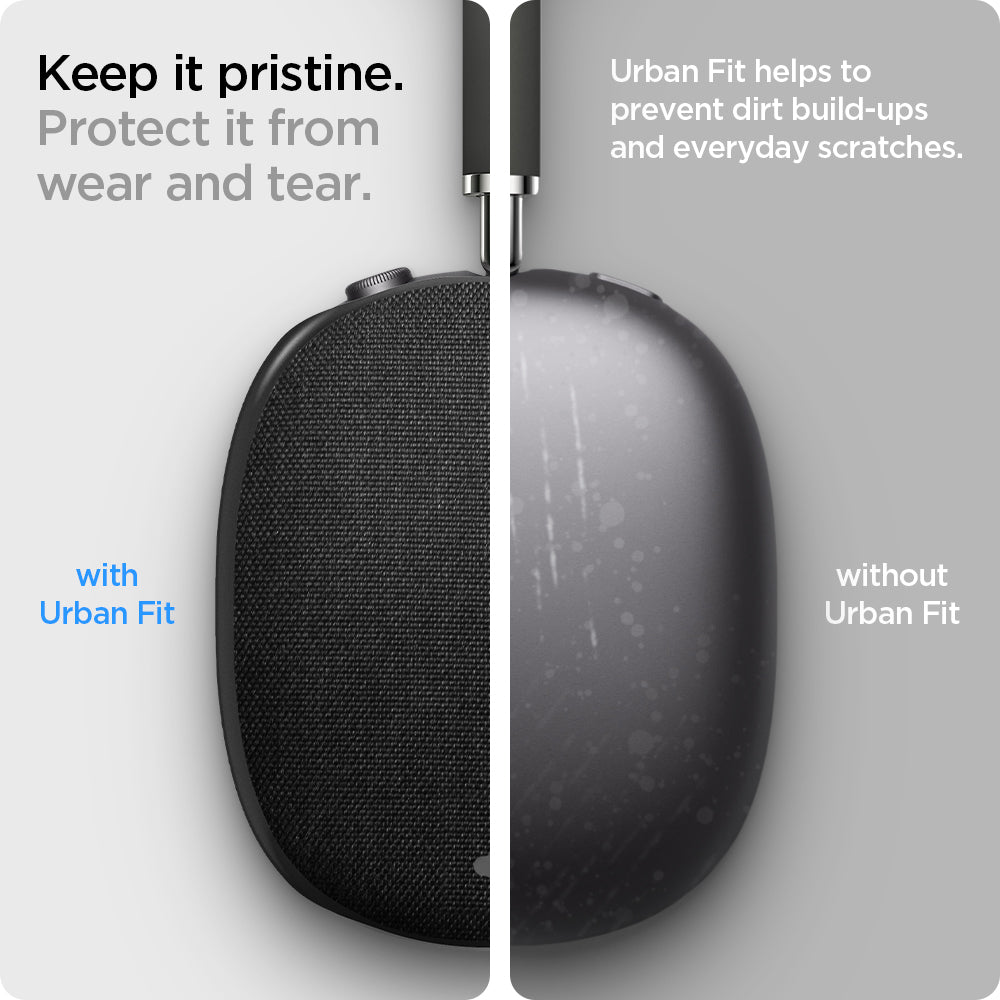 ASD02832 - Apple AirPods Max Case Urban Fit in black showing the protection from wear and tear. Urban Fit helps to prevent dirt build-ups and everyday scratches