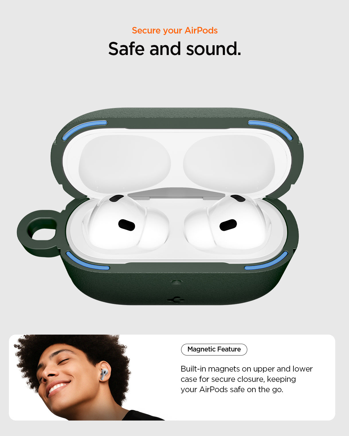 ACS09827 - AirPods Pro 3 Spigen Vault in Midnight Green showing secure your airpods. safe and sound. Magnetic feature. Built in magnets on upper and lower case for secure closure, keeping your airpods safe on the go