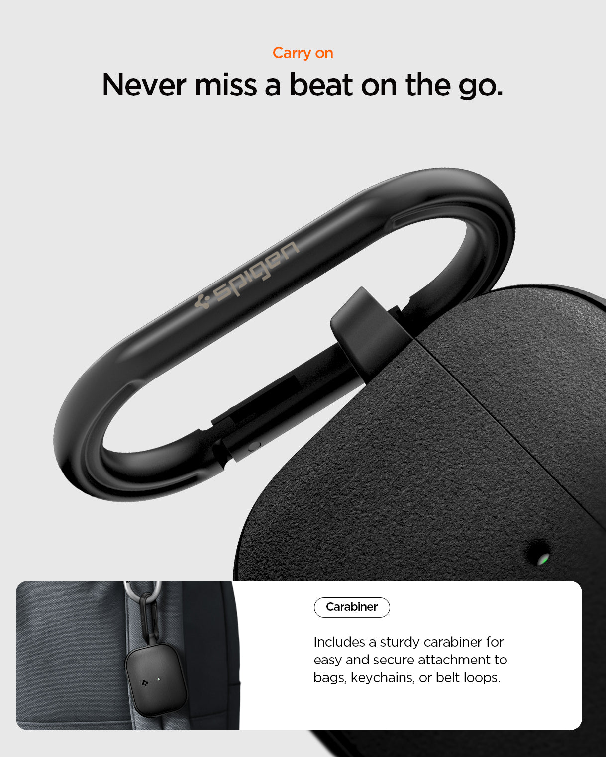 ACS09826 - AirPods Pro 3 Spigen Vault in Matte Black showing carry on. Never miss a beat on the go