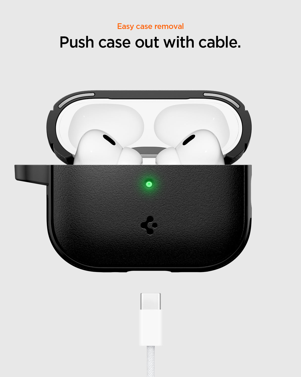 ACS09826 - AirPods Pro 3 Spigen Vault in Matte Black showing easy case removal. Push case out with cable
