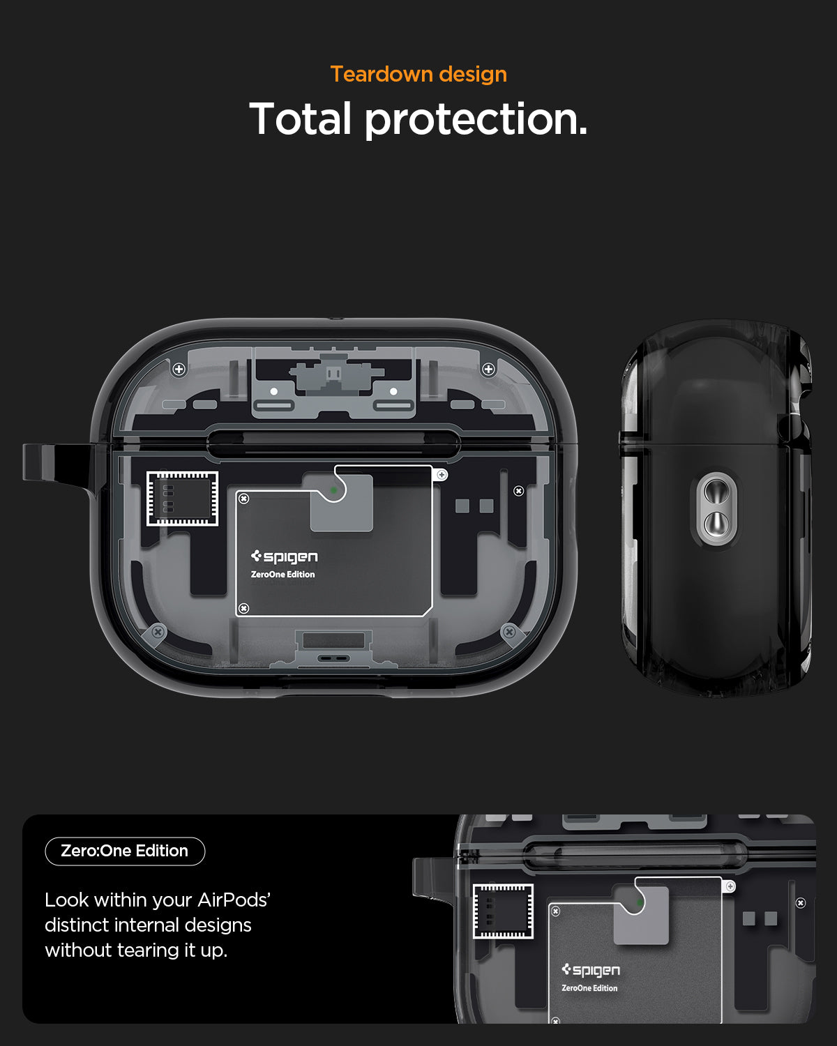 ACS09823 - AirPods Pro 3 Series Ultra Hybrid Zero One (MagFit) in Zero One Black teardown design. total protection. zero one edition. look within your airpods' distinct internal designs without tearing it up