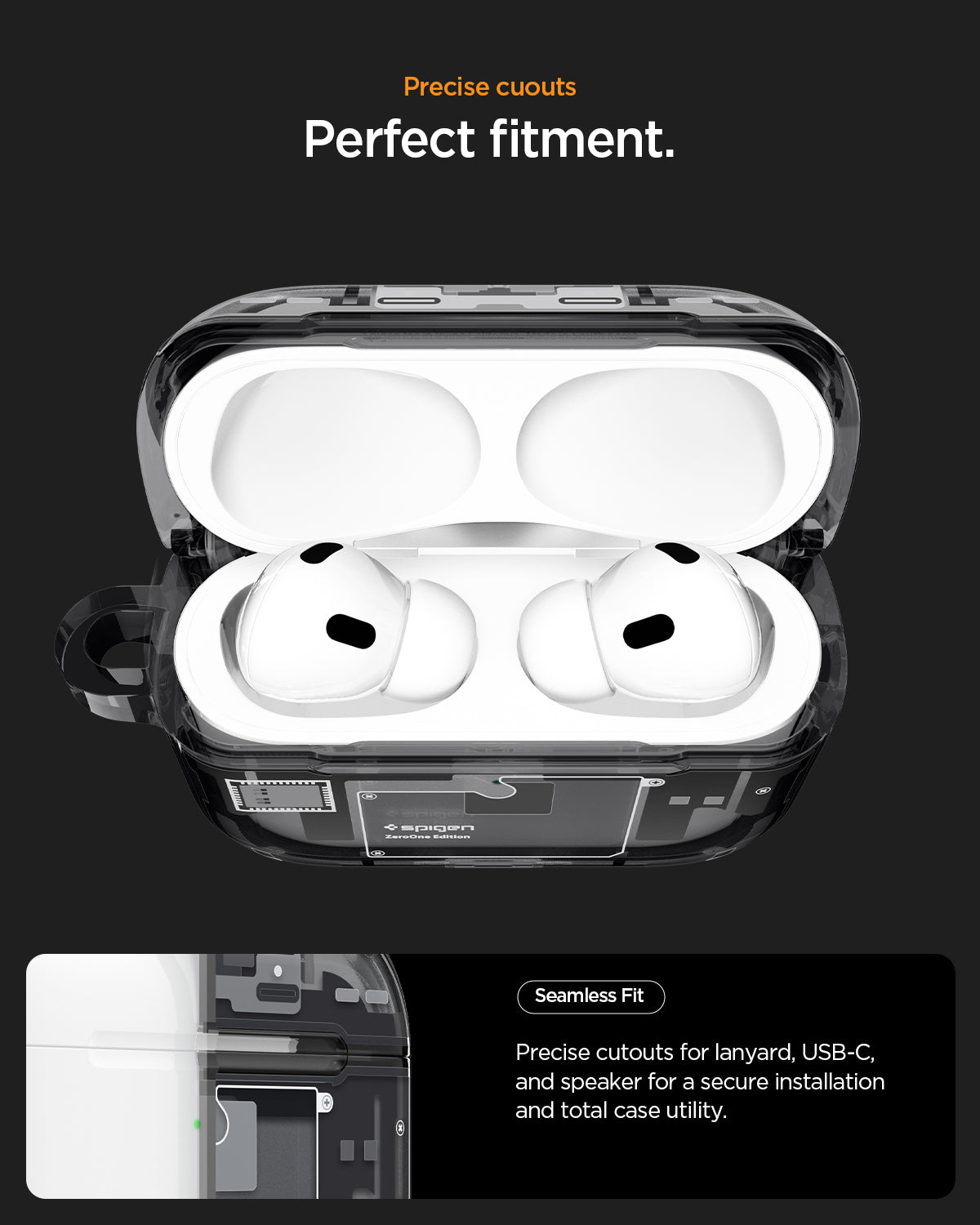 ACS09823 - AirPods Pro 3 Series Ultra Hybrid Zero One (MagFit) in Zero One Black precise cutouts. perfect fitment. seamless fit. precise cutouts for lanyard, USB-C and speaker for a secure installation and total case utility
