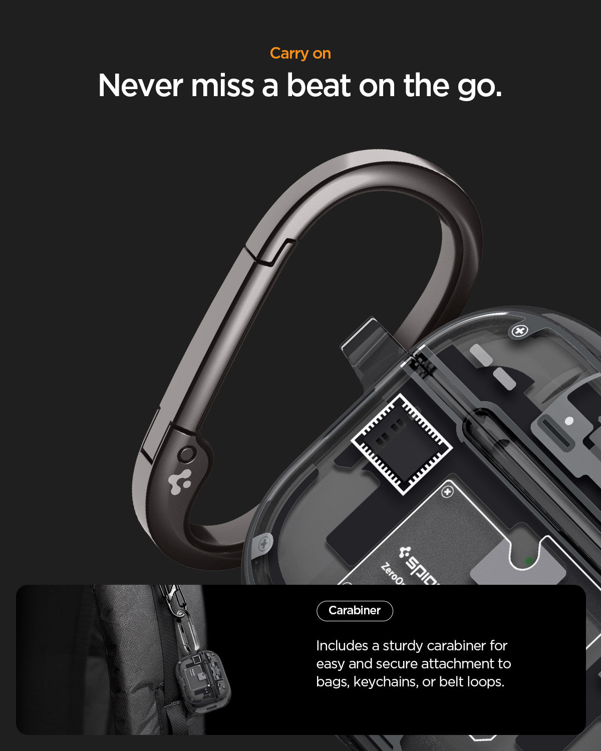 ACS09823 - AirPods Pro 3 Series Ultra Hybrid Zero One (MagFit) in Zero One Black showing carry on. never miss a beat on the go. carabiner. includes a sturdy carabiner for easy and secure attachment to bags keychains or belt loops.
