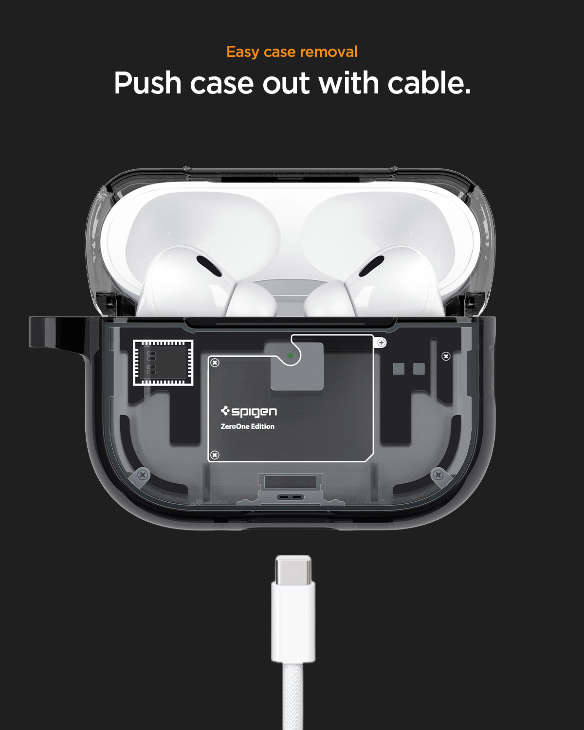ACS09823 - AirPods Pro 3 Series Ultra Hybrid Zero One (MagFit) in Zero One Black showing easy case removal. push case out with cable