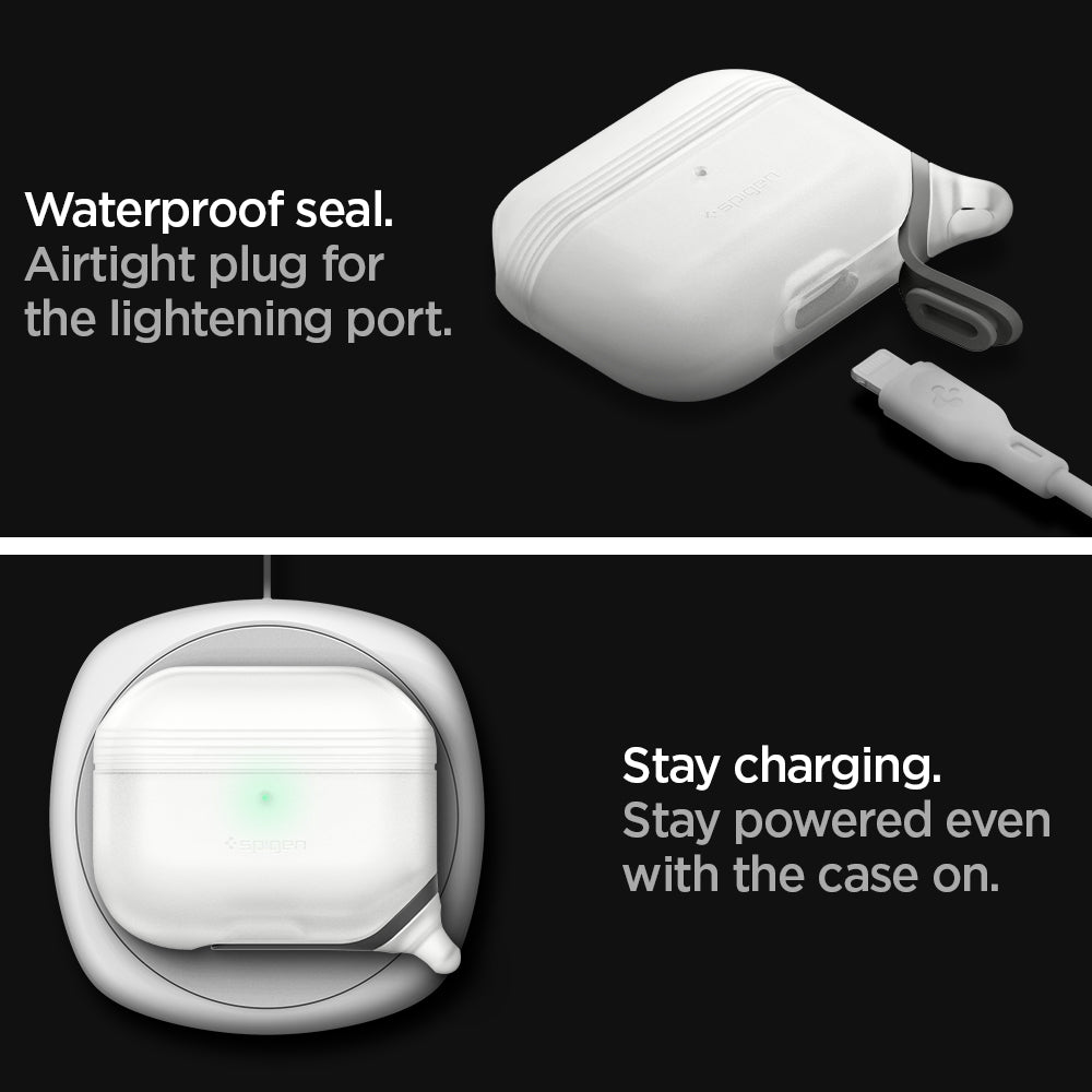 ASD02236 - Apple AirPods Pro / AirPods Pro 2 Case Slim Armor IP in frost clear showing the waterproof seal. Airtight plug for the lightening port. Stay powered even with the case on