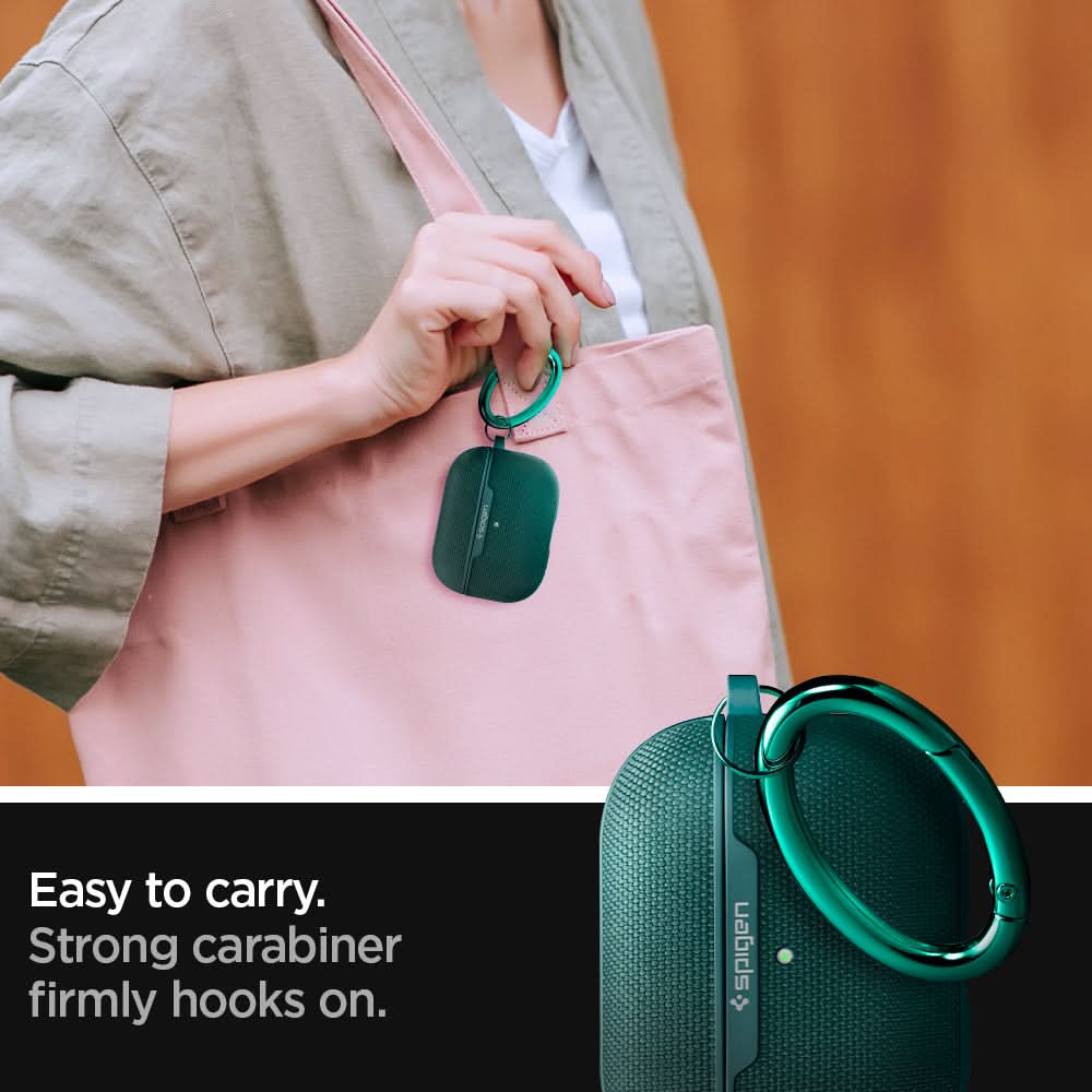 ASD00825 - Apple AirPods Pro Case Urban Fit in midnight green showing how it is easy to carry. Strong carabiner firmly hooks on